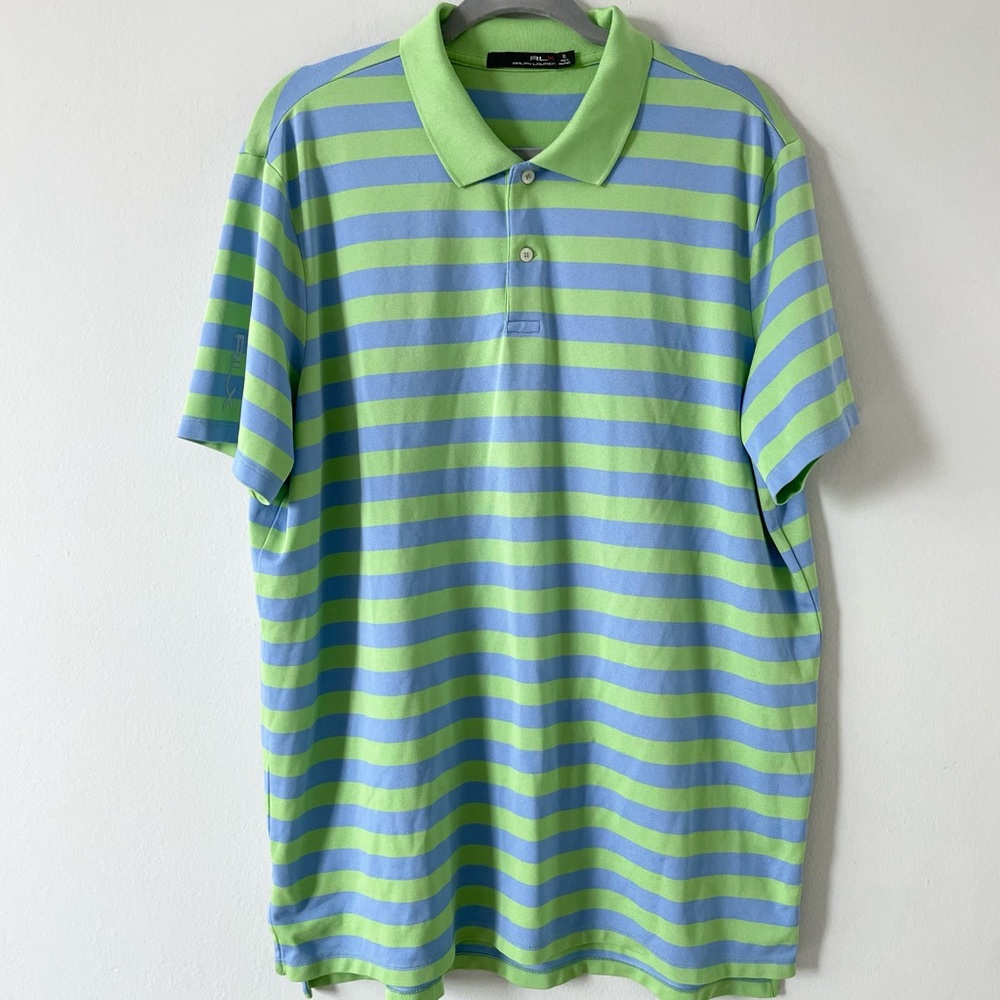 RLX Ralph Lauren Men’s Polo Shirt Blue Green stripped XL Golf short sleeve